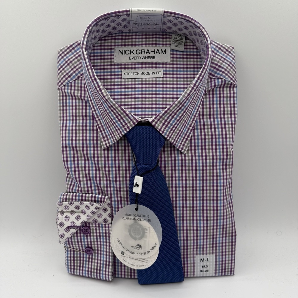 Nick Graham Stretch Fabric Shirt & Tie Set Mens‎ Sz M/L 15.5 34-35 Purple Plaid